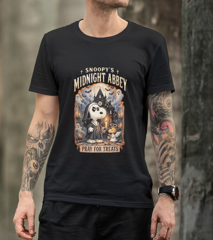 Snoopy's Midnight Abbey Pray For Treats Halloween Cathedral Scene T-Shirt