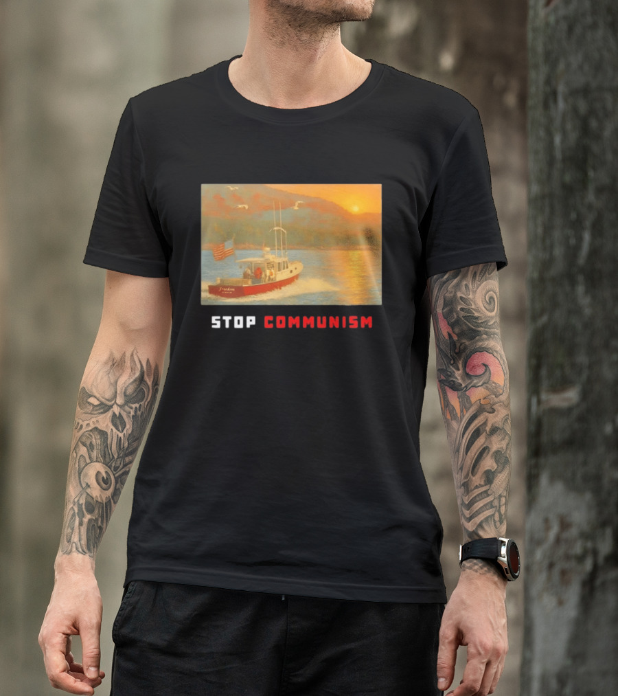 Stop Communism Freedom Boat American Flag Sunset Landscape T-Shirt