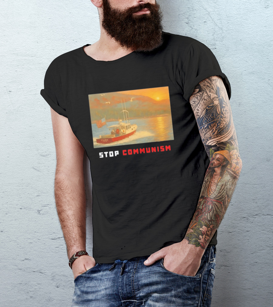Stop Communism Freedom Boat American Flag Sunset Landscape T-Shirt