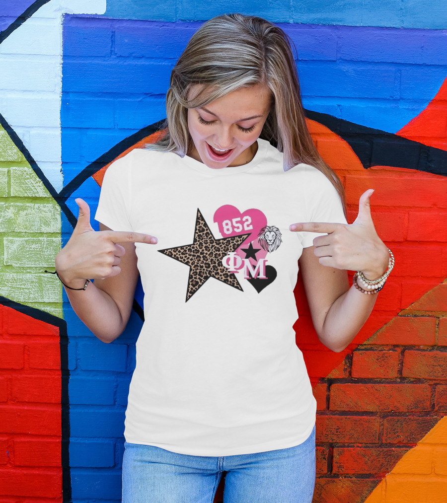 Phi Mu 1852 Leopard Star Lion 852 Pink Heart Sorority T-Shirt
