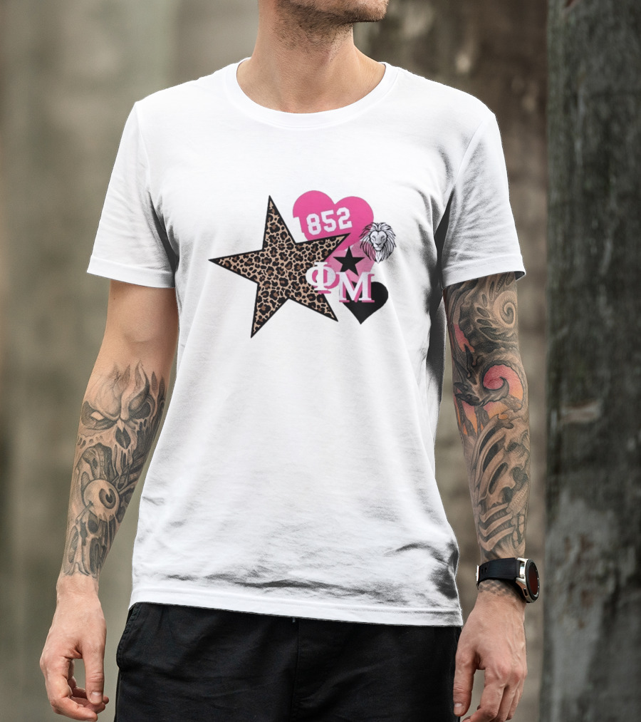 Phi Mu 1852 Leopard Star Lion 852 Pink Heart Sorority T-Shirt