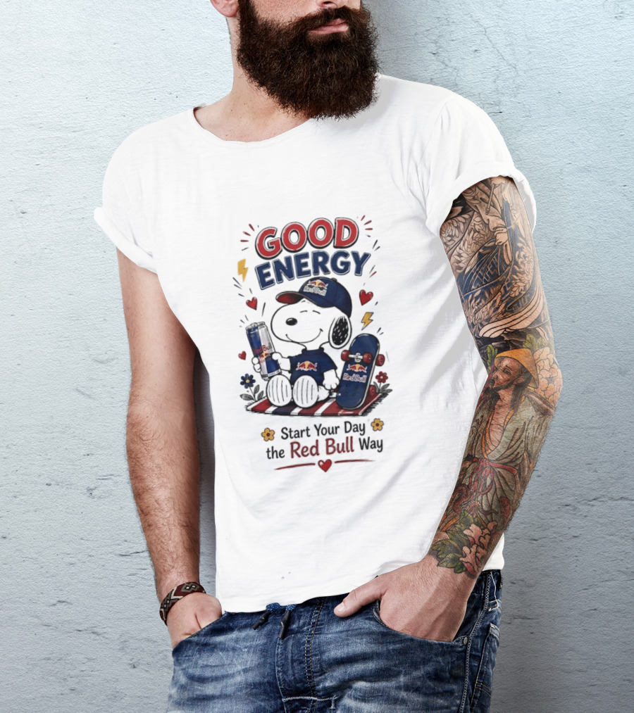 Snoopy Good Energy Start Your Day The Red Bull Way Skateboard And Drink T-Shirt