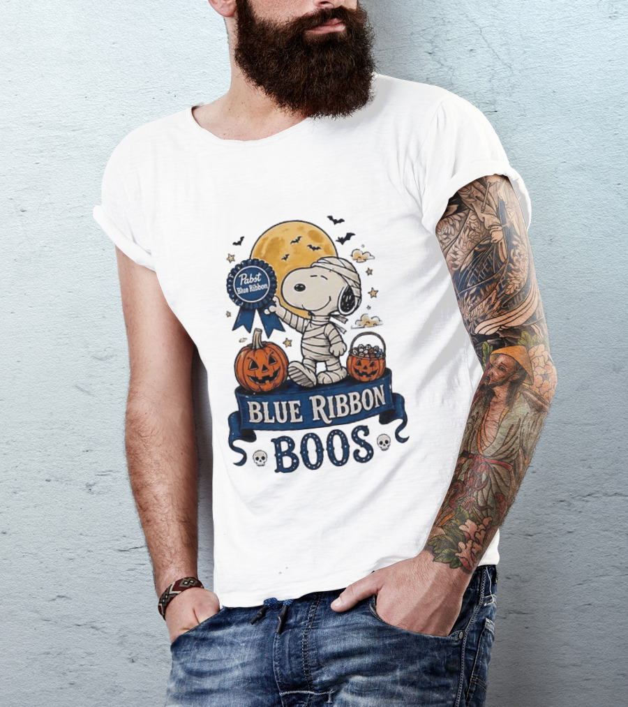Pabst Blue Ribbon Snoopy Mummy Halloween Blue Ribbon Boos Pumpkin Moon Bats T-Shirt