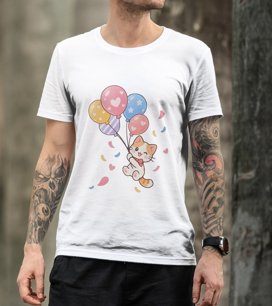 Cat Floating With Colorful Balloons T-Shirt
