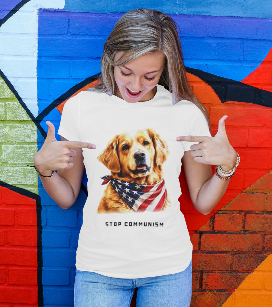Golden Retriever Wearing American Flag Bandana Stop Communism T-Shirt