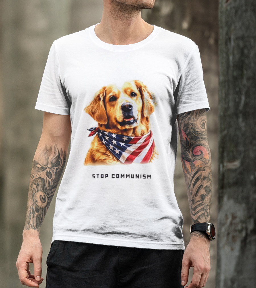 Golden Retriever Wearing American Flag Bandana Stop Communism T-Shirt