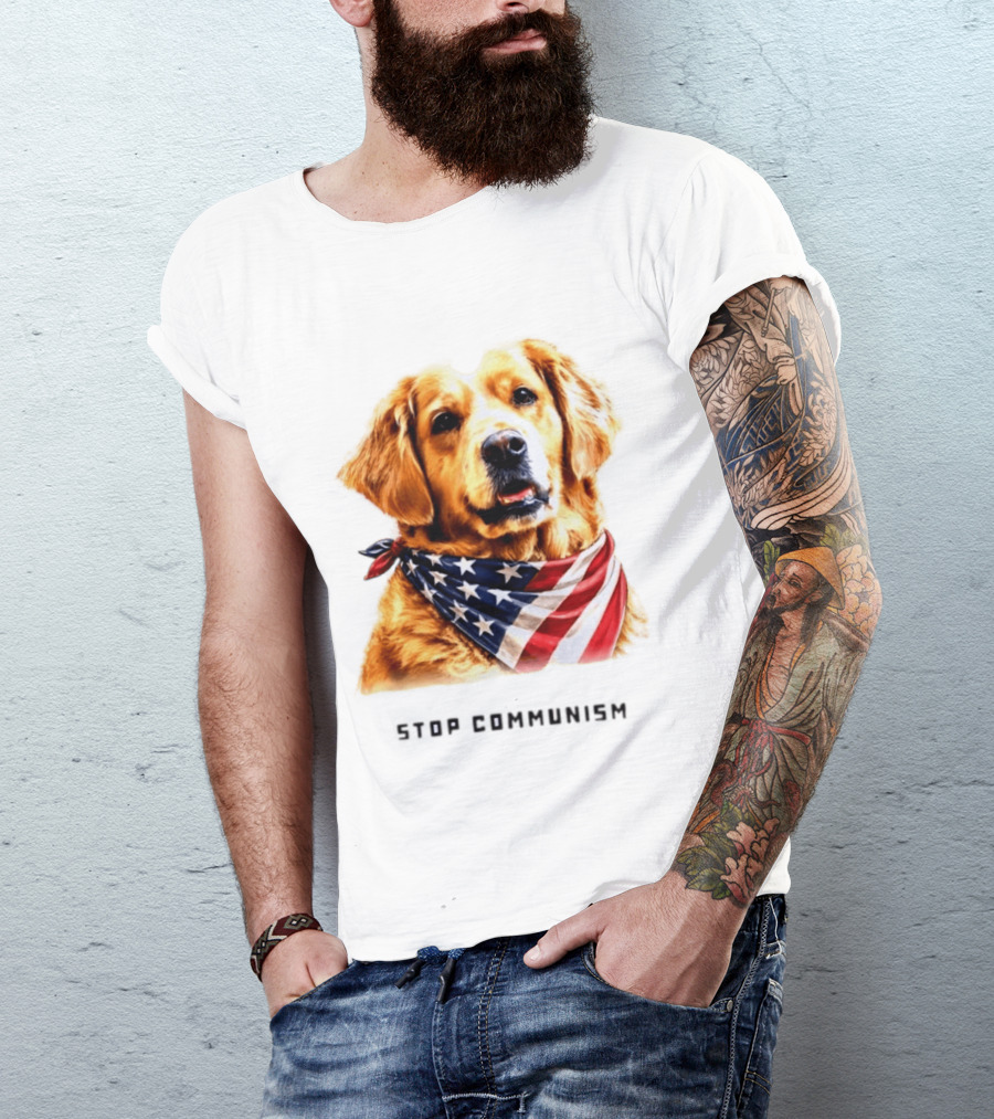 Golden Retriever Wearing American Flag Bandana Stop Communism T-Shirt