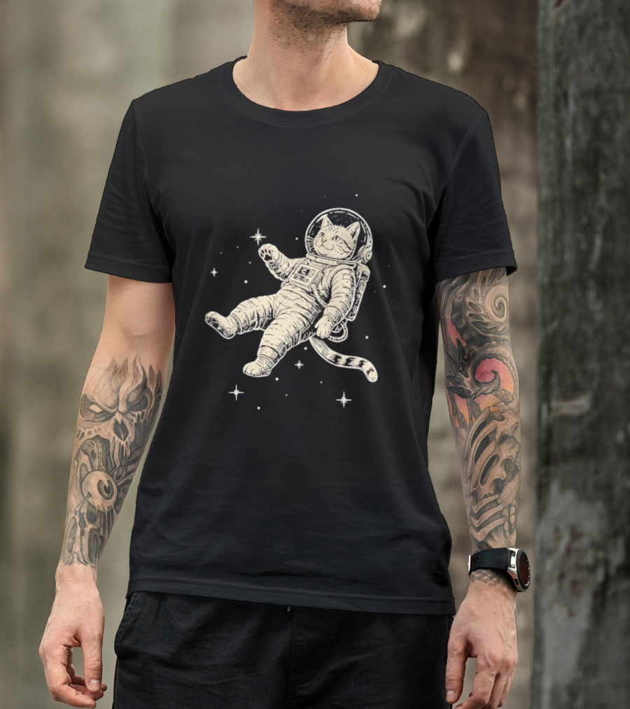 Astronaut Cat Floating In Space With Stars And Helmet T-Shirt
