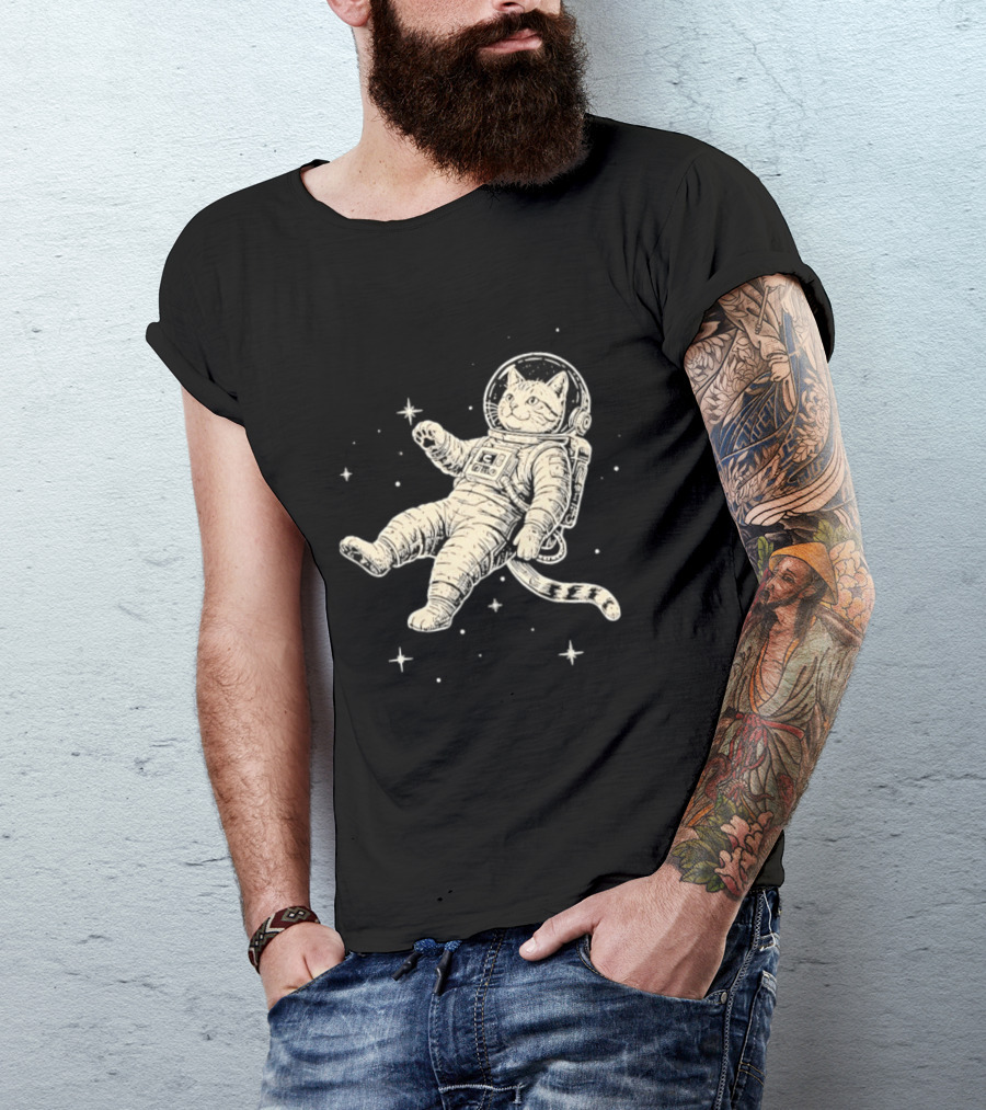Astronaut Cat Floating In Space With Stars And Helmet T-Shirt