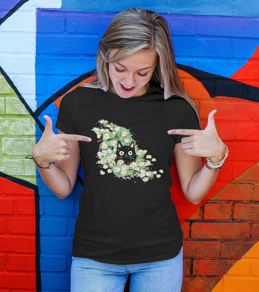 Black Cat Surrounded By Daisies In A Field T-Shirt