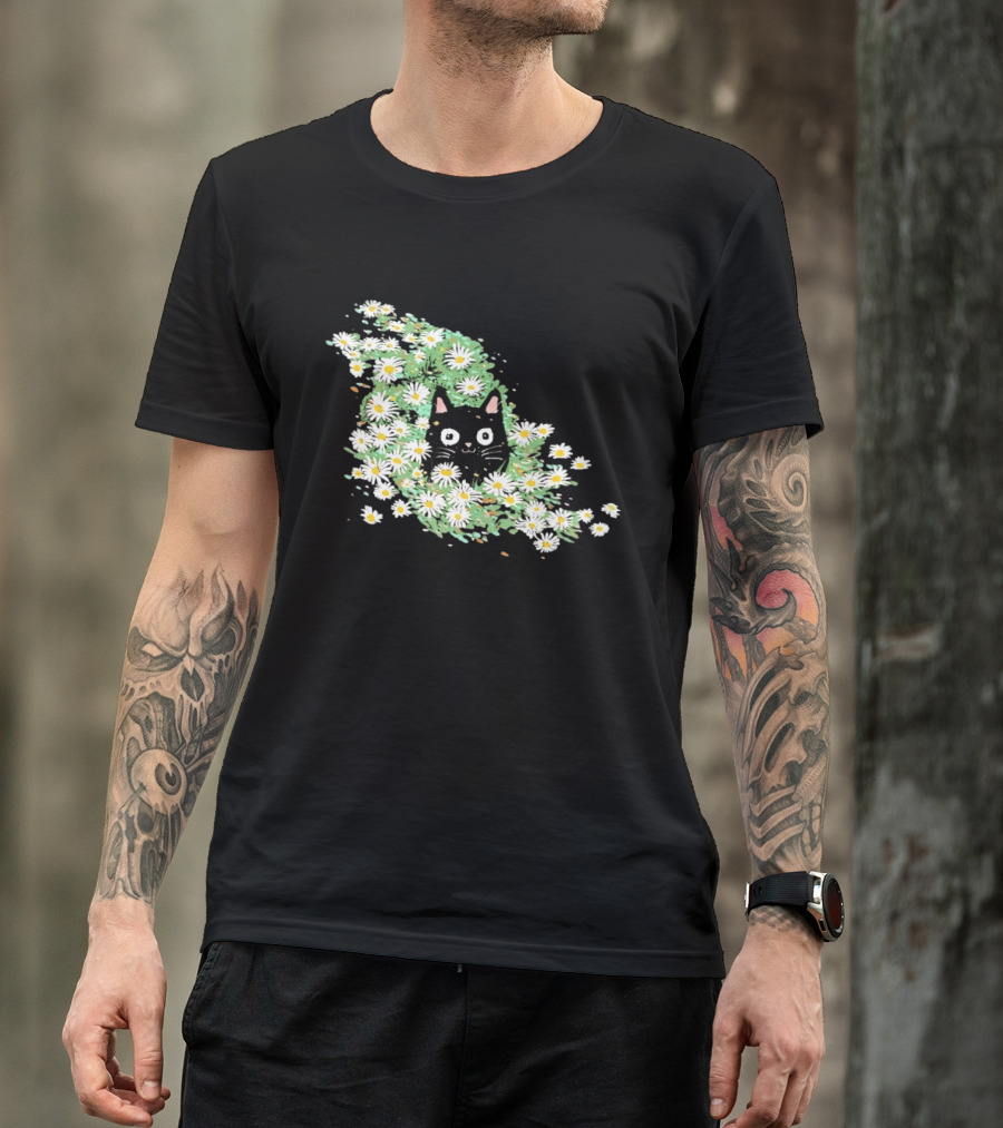 Black Cat Surrounded By Daisies In A Field T-Shirt