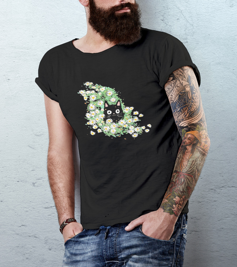 Black Cat Surrounded By Daisies In A Field T-Shirt