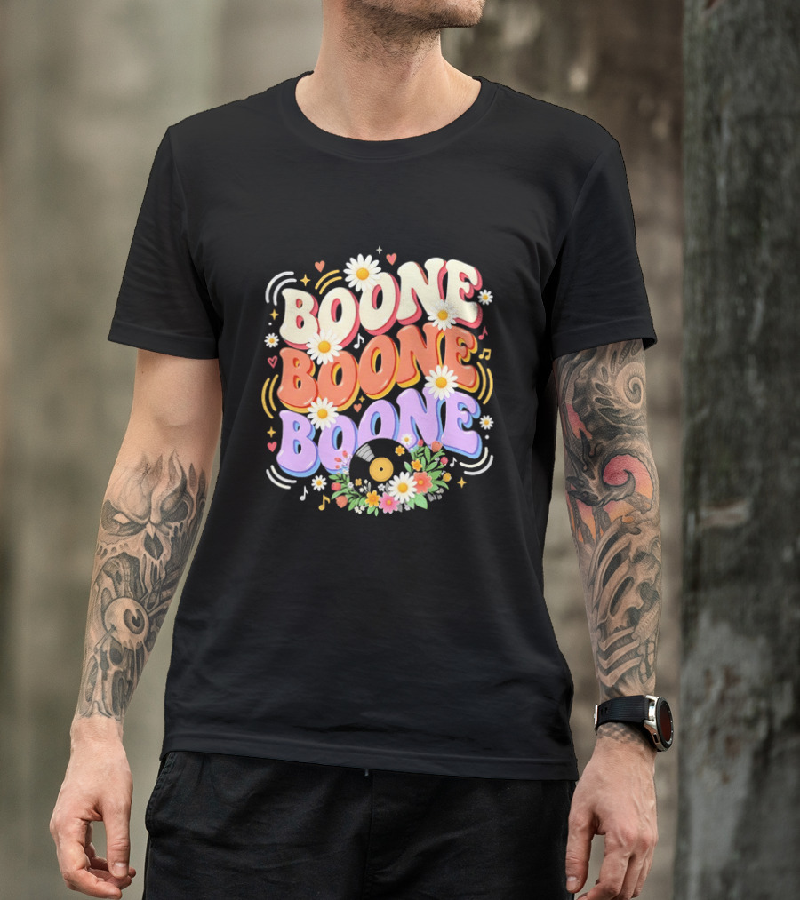 Boone Floral Vinyl Record Music Lover Colorful Daisy Notes Hearts T-Shirt