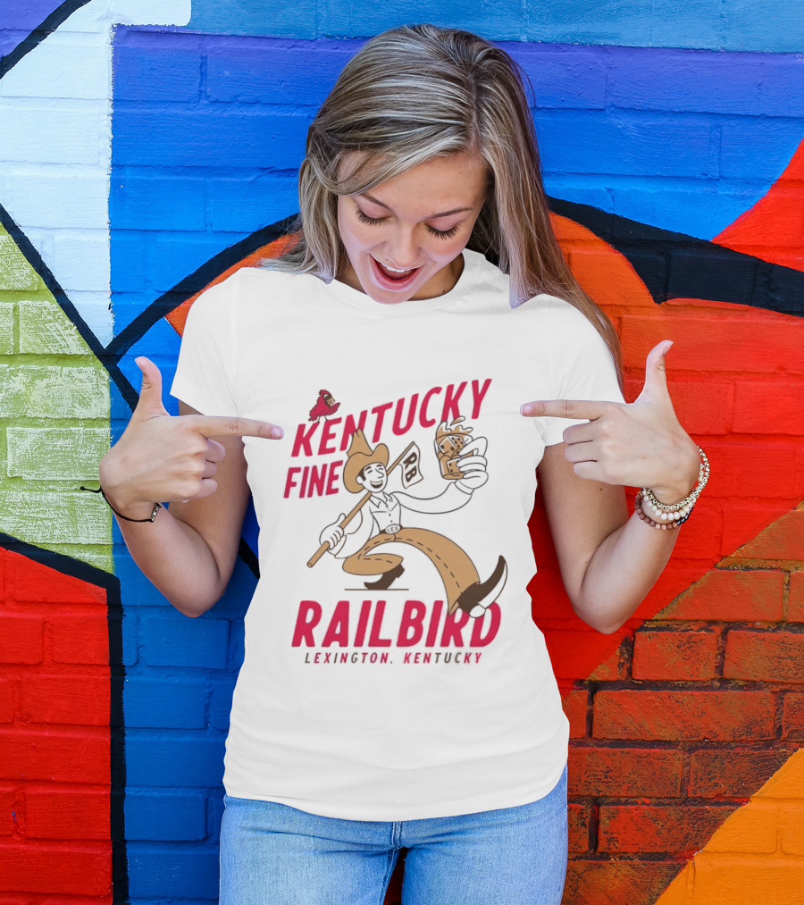 Kentucky Fine Railbird Lexington Kentucky Cowboy With Trophy And Cardinal T-Shirt