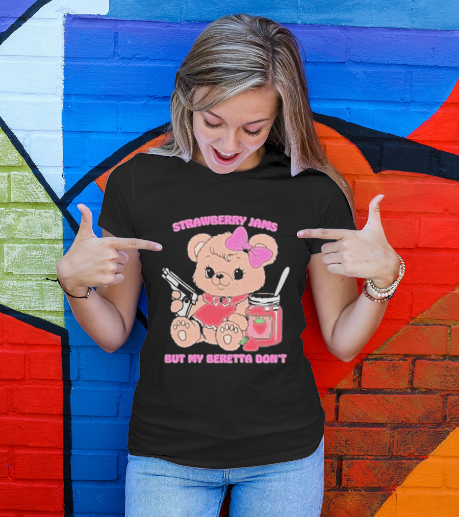 Strawberry Jams Cute Bear With Beretta And Jam Jar T-Shirt