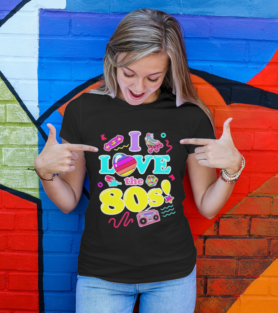 I Love The 80s Nostalgia Roller Skates Boombox Rubik's Cube Retro Fun T-Shirt