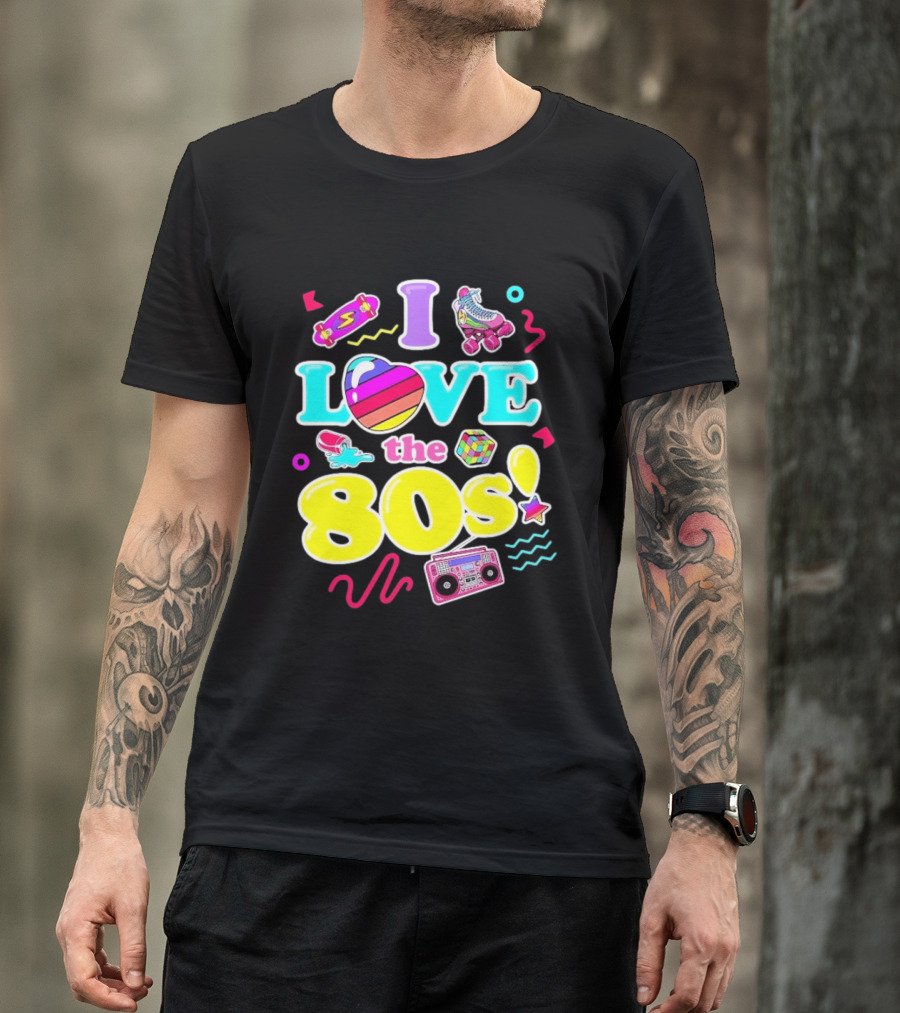 I Love The 80s Nostalgia Roller Skates Boombox Rubik's Cube Retro Fun T-Shirt