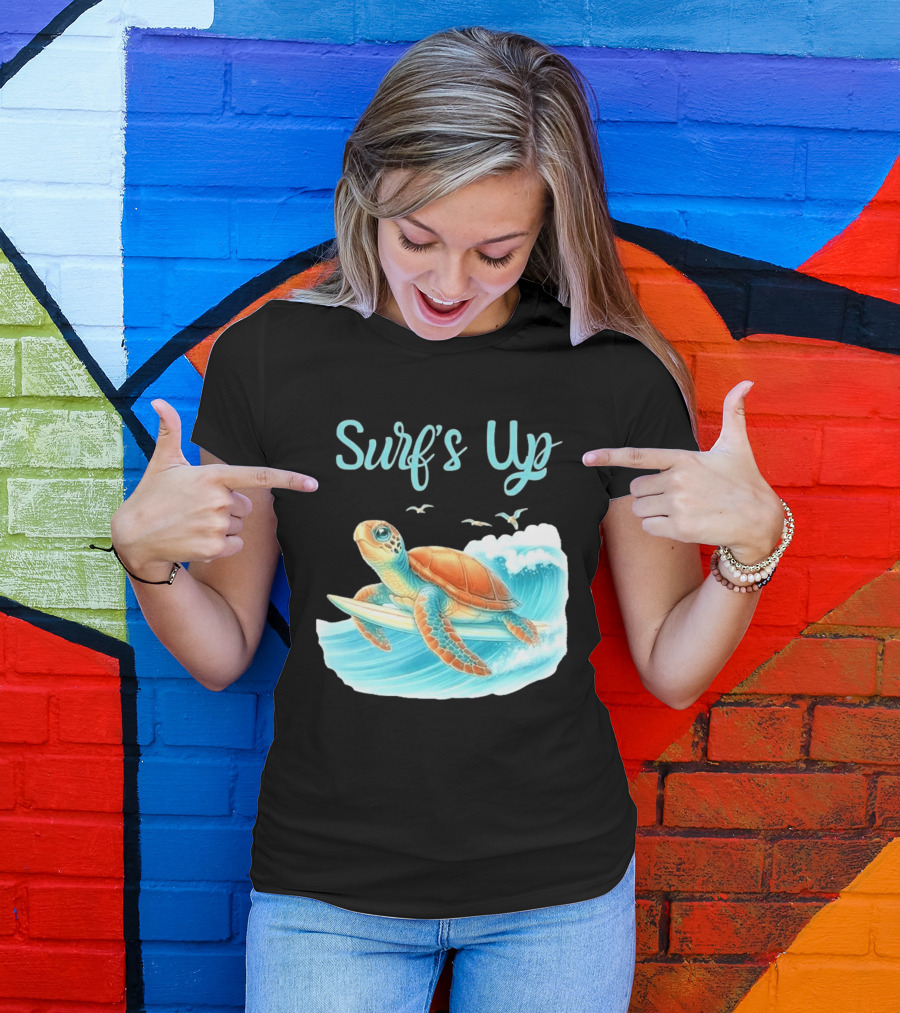 Surf's Up Turtle Riding Surfboard On Big Wave T-Shirt