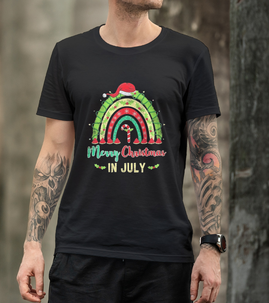 Merry Christmas In July Distressed Rainbow With Santa Hat And Candy Cane T-Shirt