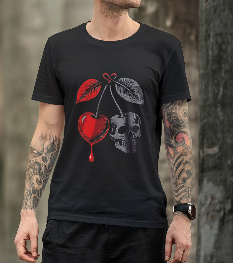 Bleeding Cherry Skull Memento Mori Gothic Macabre Dark Fruit T-Shirt