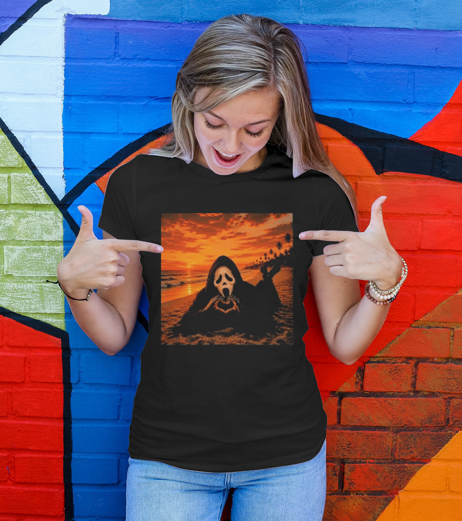 Ghostface Heart Hands Beach Sunset Halloween 2026 T-Shirt