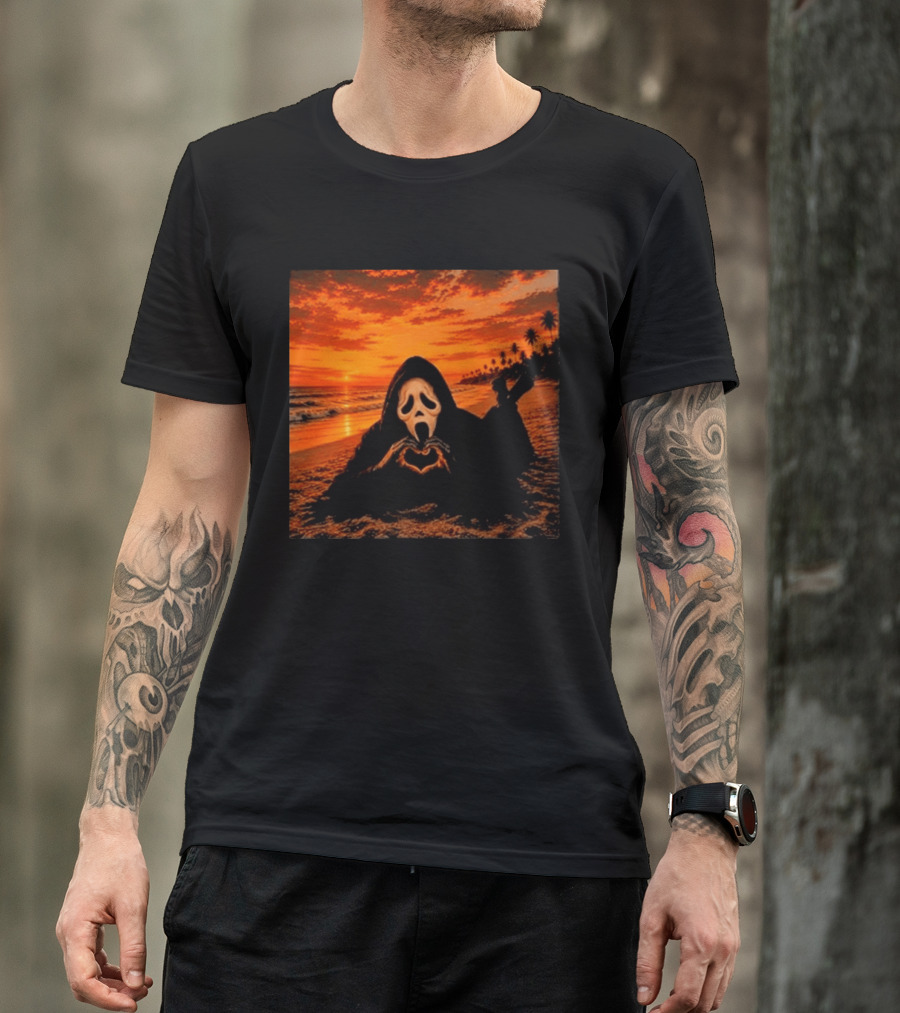 Ghostface Heart Hands Beach Sunset Halloween 2026 T-Shirt