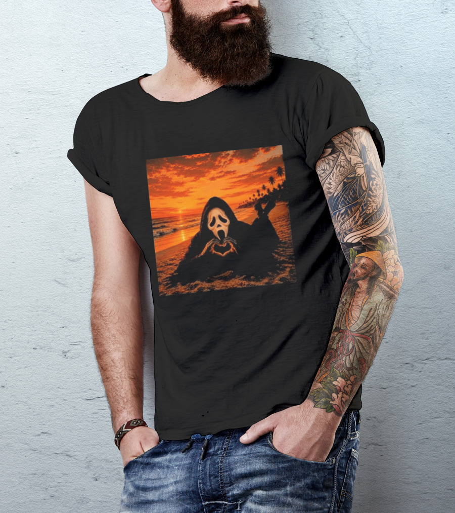 Ghostface Heart Hands Beach Sunset Halloween 2026 T-Shirt