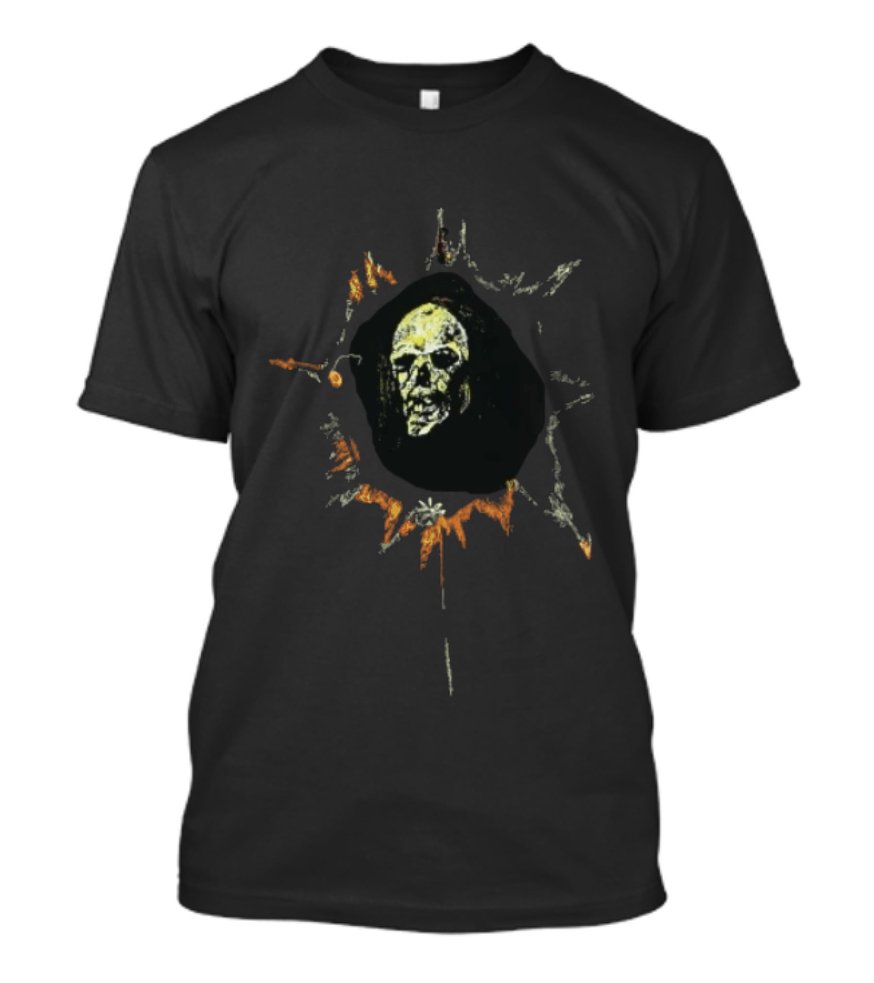 Yellow Spiky Sunburst Frame Hooded Skull Face Distressed Sketch T-Shirt