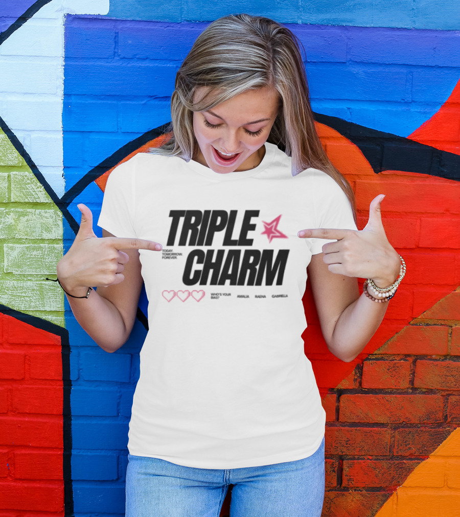 Triple Charm White Hearts Pink Star T-Shirt