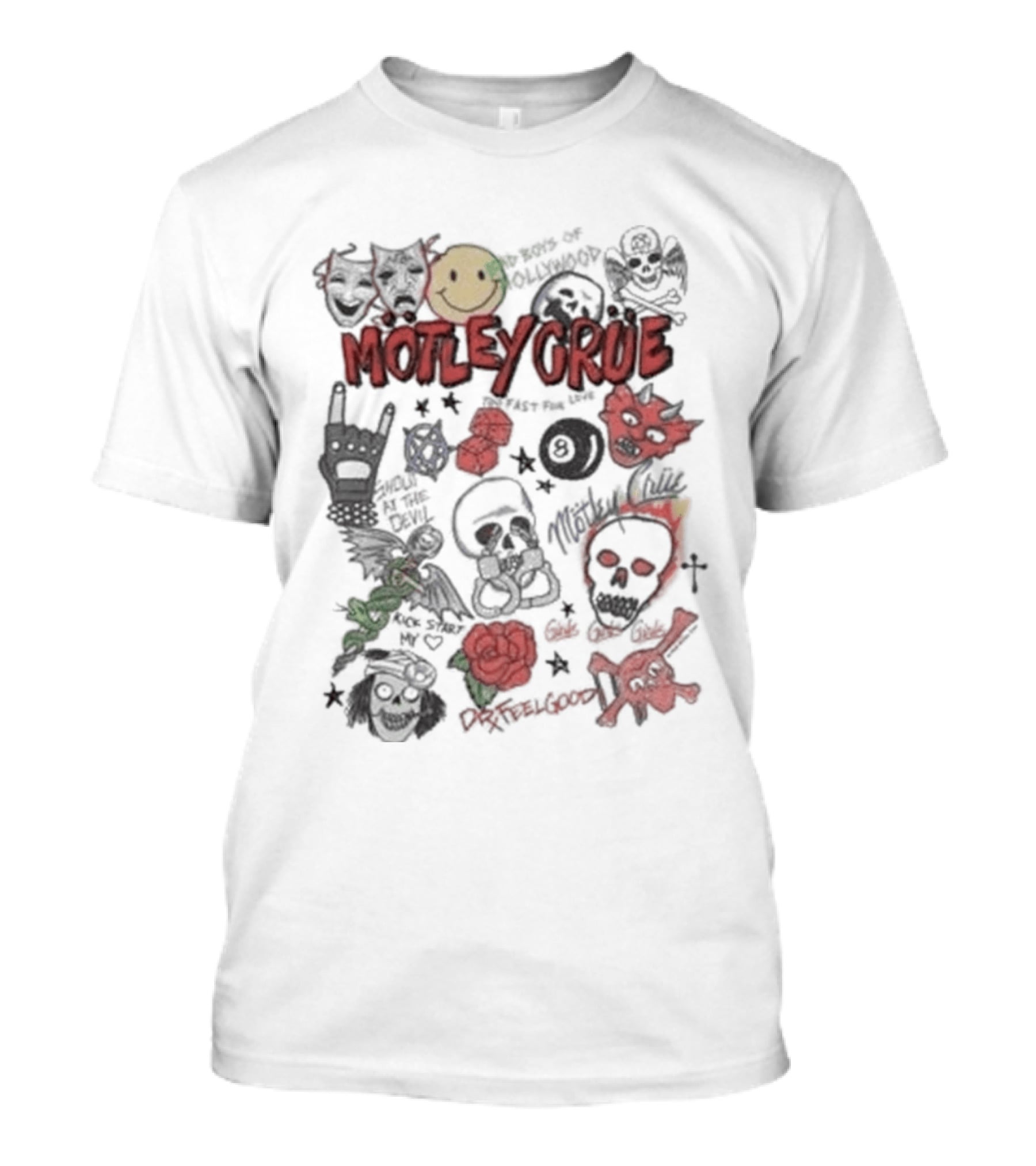 Motley Crue Album Doodle Collage Smiley Skull Roses Punk Rock T-Shirt