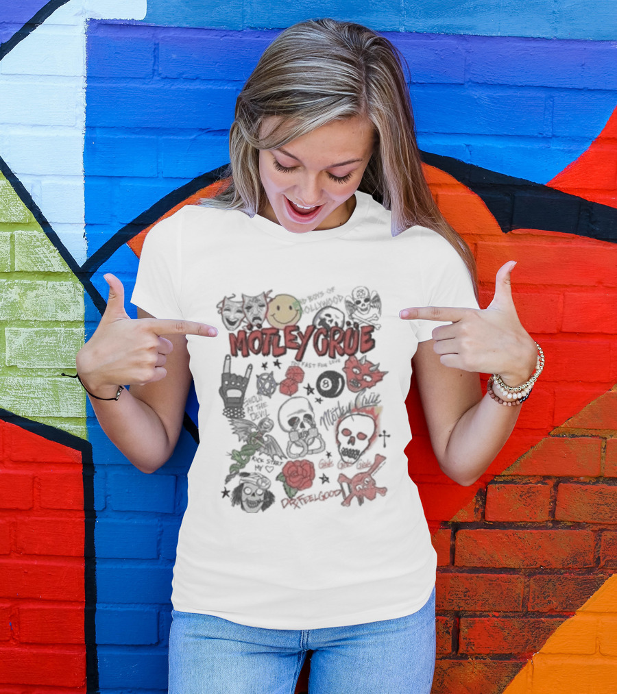 Motley Crue Album Doodle Collage Smiley Skull Roses Punk Rock T-Shirt