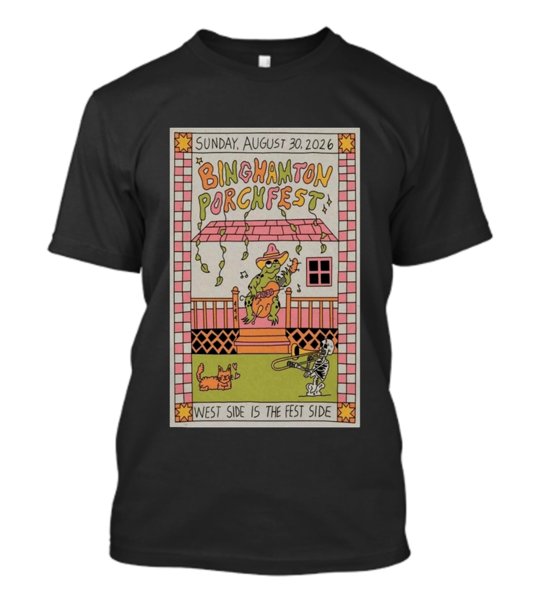 Binghamton Porchfest August 30 2026 West Side Is The Fest Side Sunday Concert Frog And Skeleton Player T-Shirt
