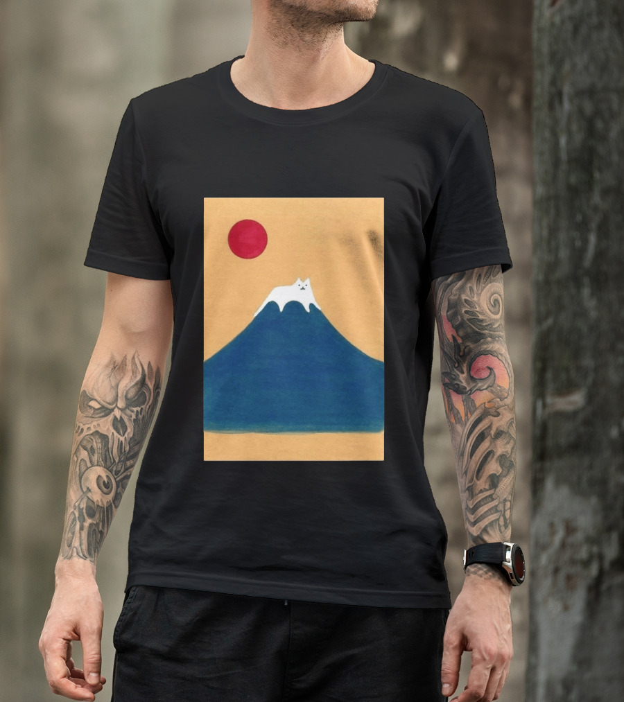 Meow Fuji Cat With Red Sun Illustration Japan T-Shirt