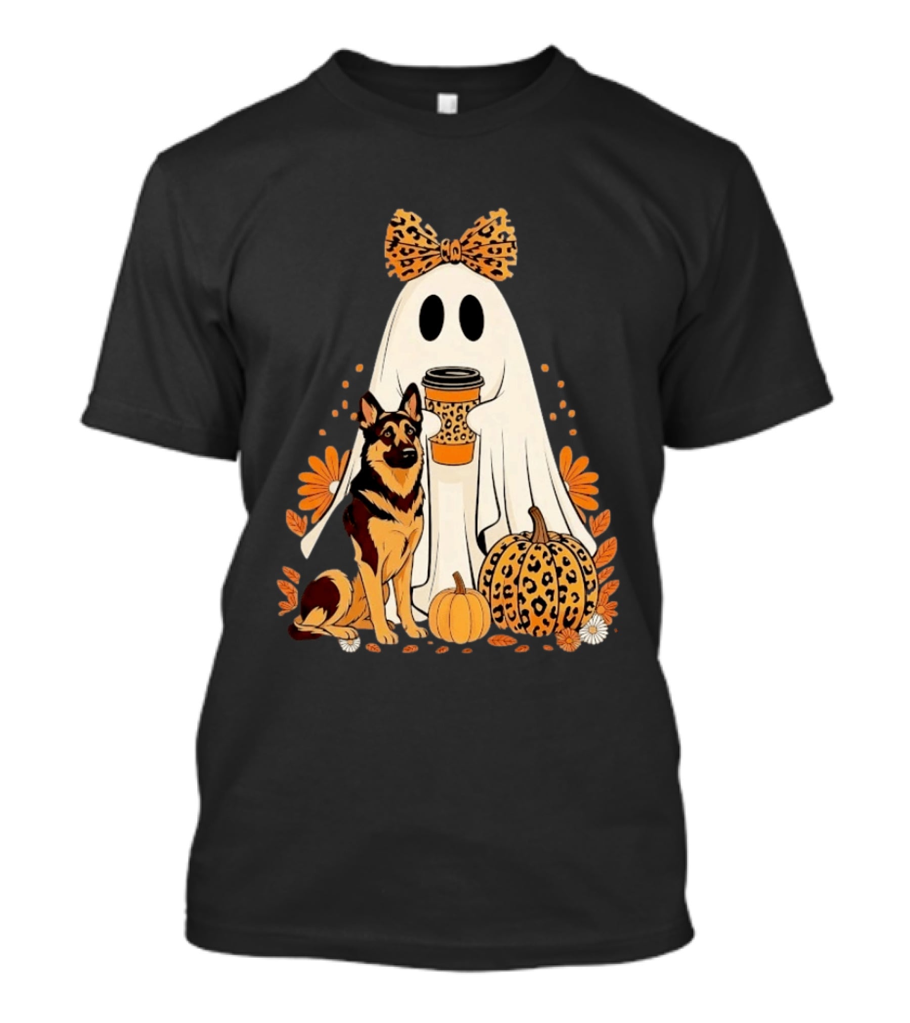 German Shepherd Ghost Leopard Pumpkin Coffee Halloween Bow T-Shirt