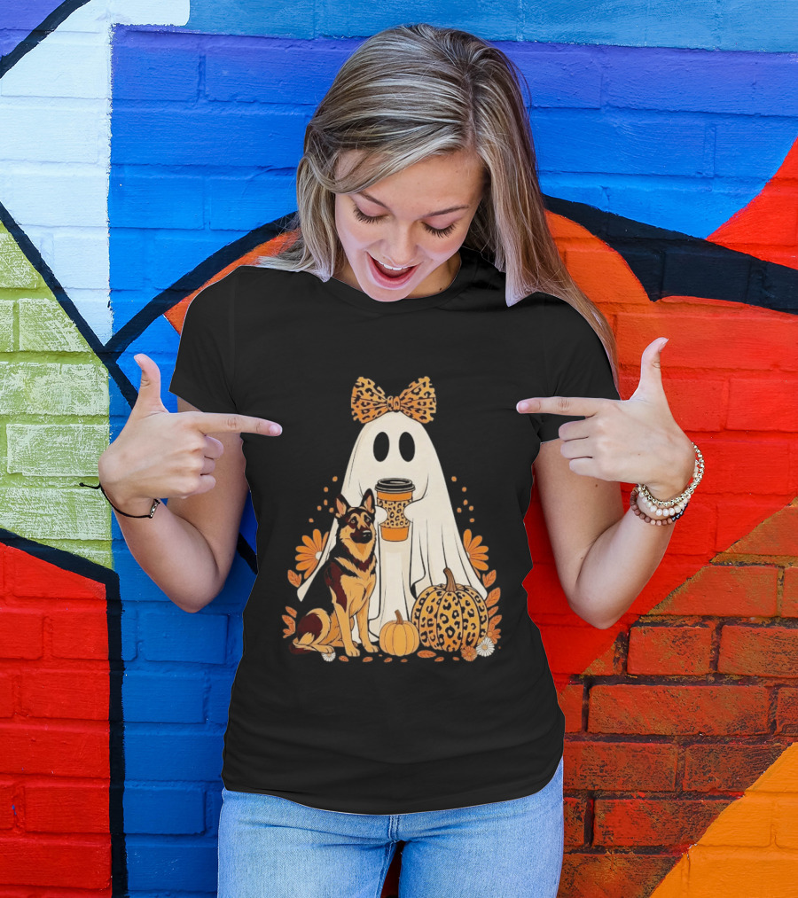 German Shepherd Ghost Leopard Pumpkin Coffee Halloween Bow T-Shirt