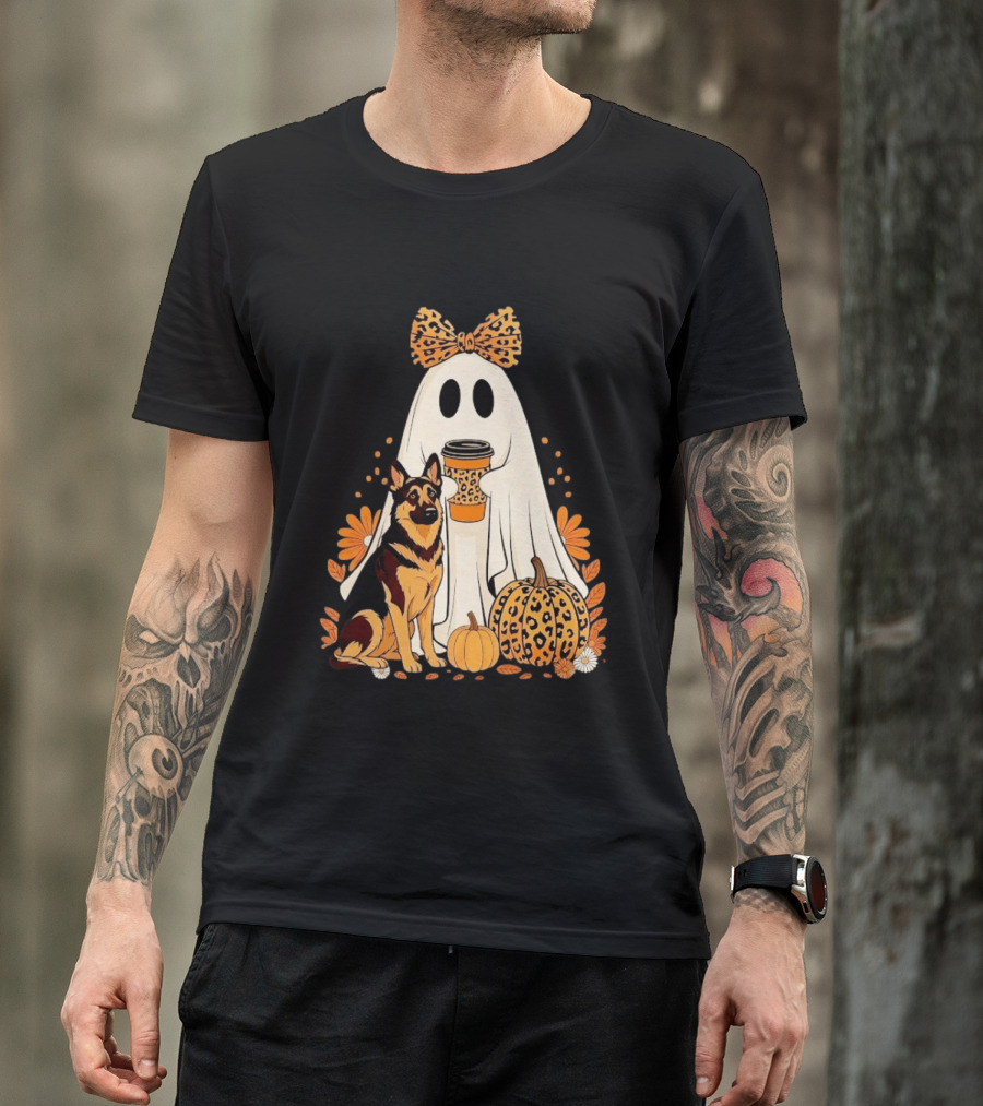 German Shepherd Ghost Leopard Pumpkin Coffee Halloween Bow T-Shirt