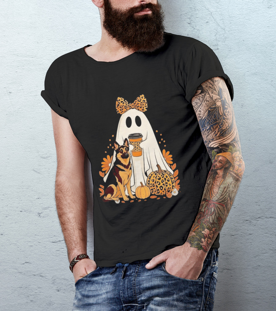 German Shepherd Ghost Leopard Pumpkin Coffee Halloween Bow T-Shirt