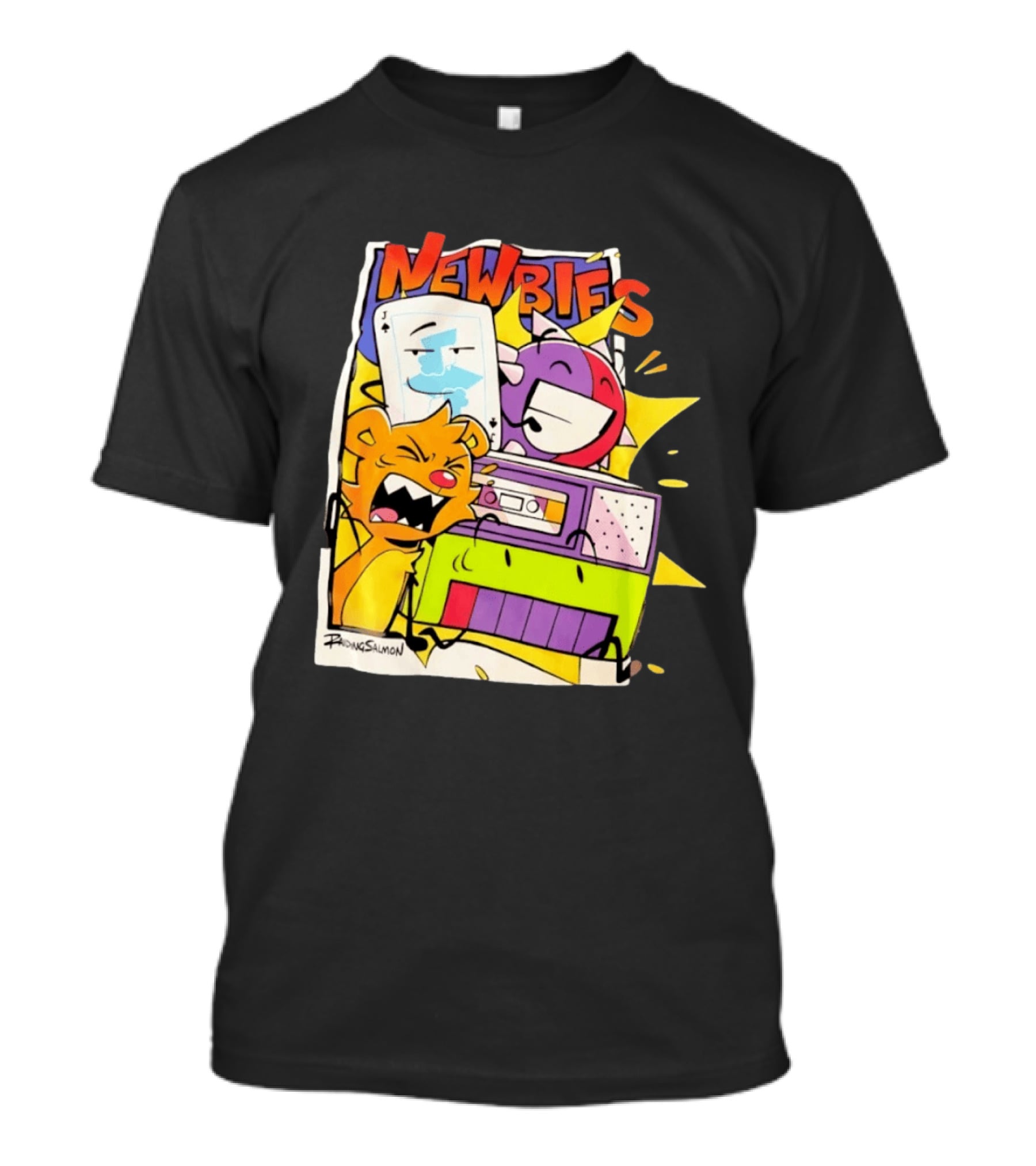 Newbies RaidingSalmon Cartoon Boombox And Cards Explosion T-Shirt