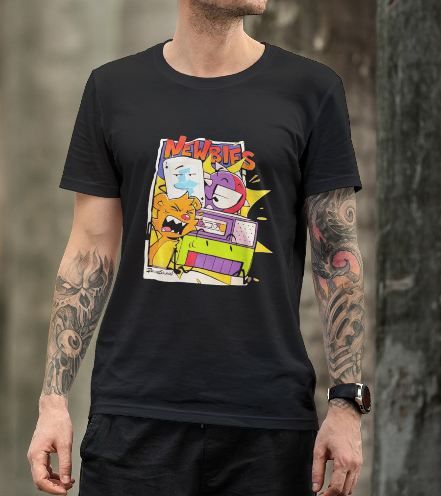 Newbies RaidingSalmon Cartoon Boombox And Cards Explosion T-Shirt