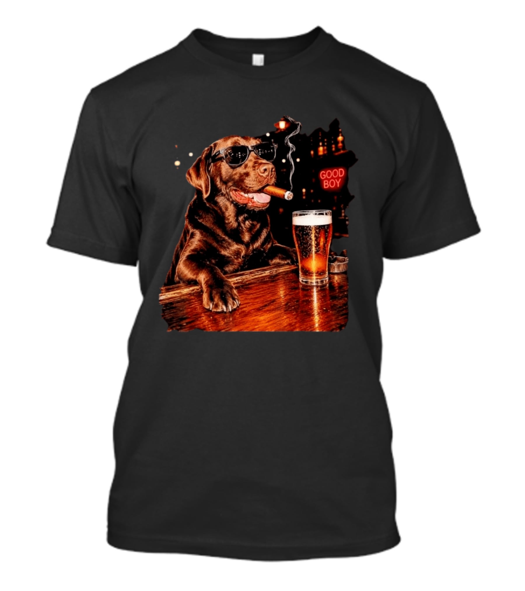 Silly Chocolate Labrador Retriever Drinking Beer Cigar Dog Good Boy Bar Night T-Shirt