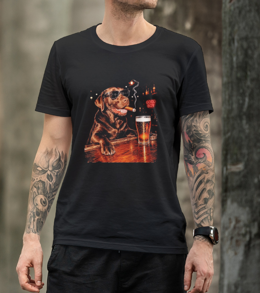 Silly Chocolate Labrador Retriever Drinking Beer Cigar Dog Good Boy Bar Night T-Shirt