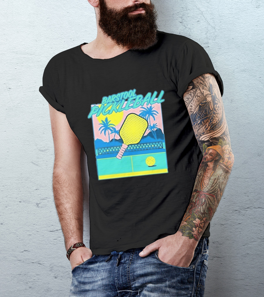 Barstool Pickleball Tropical Retro Paddle And Palm Trees T-Shirt