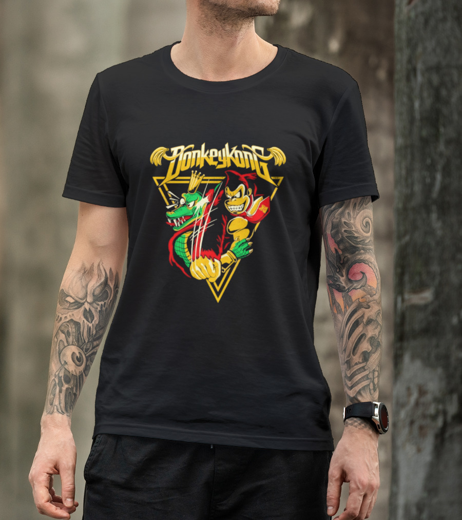 Donkey Kong Cartoon Retro Style Triangular Battle Scene T-Shirt