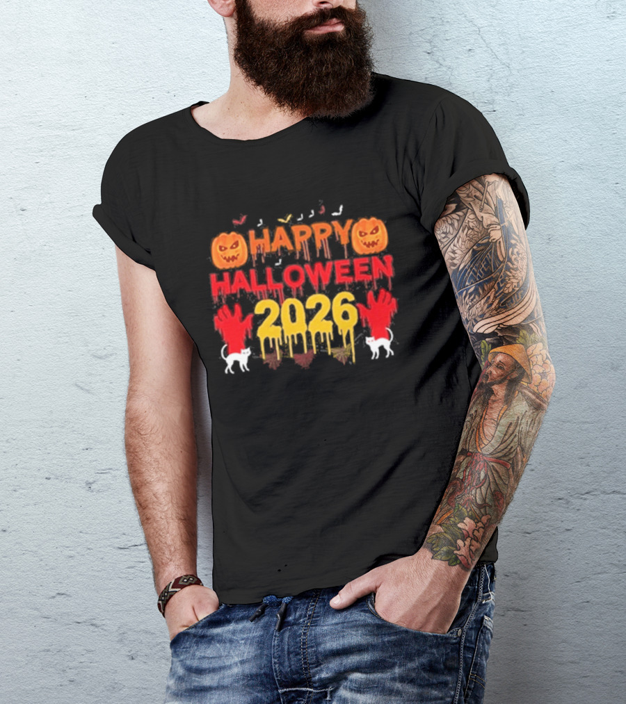 Happy Halloween 2026 Spooky Pumpkin Ghosts And Cats T-Shirt