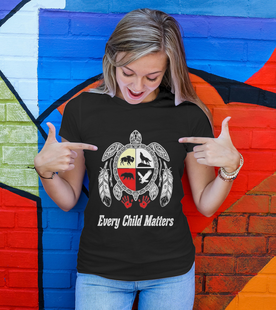 Every Child Matters Native American Turtle Medicine Wheel Feathers And Red Handprints T-Shirt