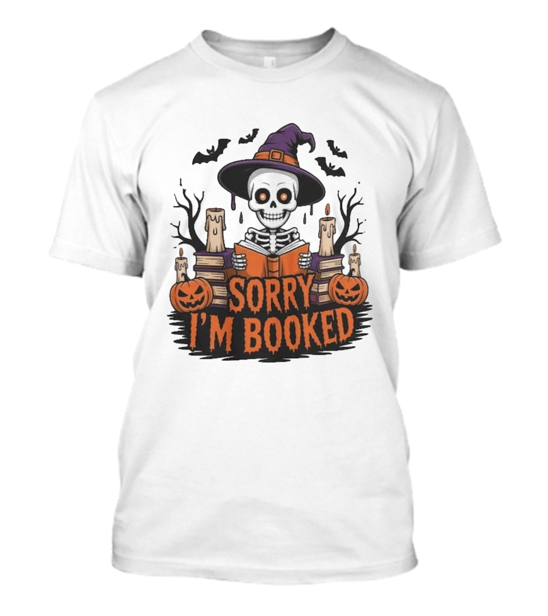 Sorry I'm Booked Skeleton Witch Halloween Reading Pumpkins Spooky Books T-Shirt
