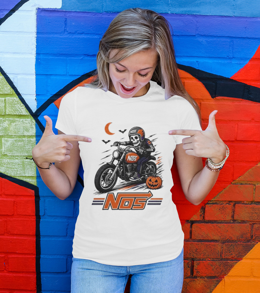 NOS Skeleton Biker Halloween Pumpkin Moon Bats T-Shirt