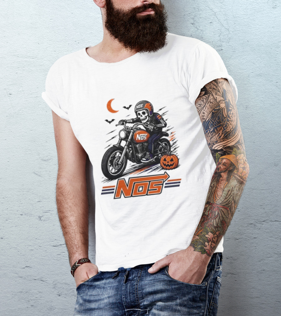 NOS Skeleton Biker Halloween Pumpkin Moon Bats T-Shirt