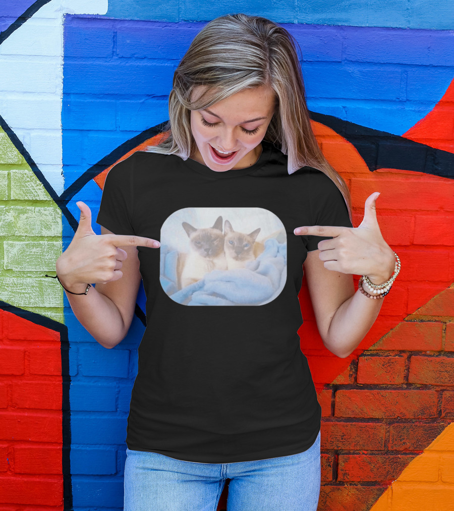 Siamese Cats Snuggling In Blue Blanket T-Shirt