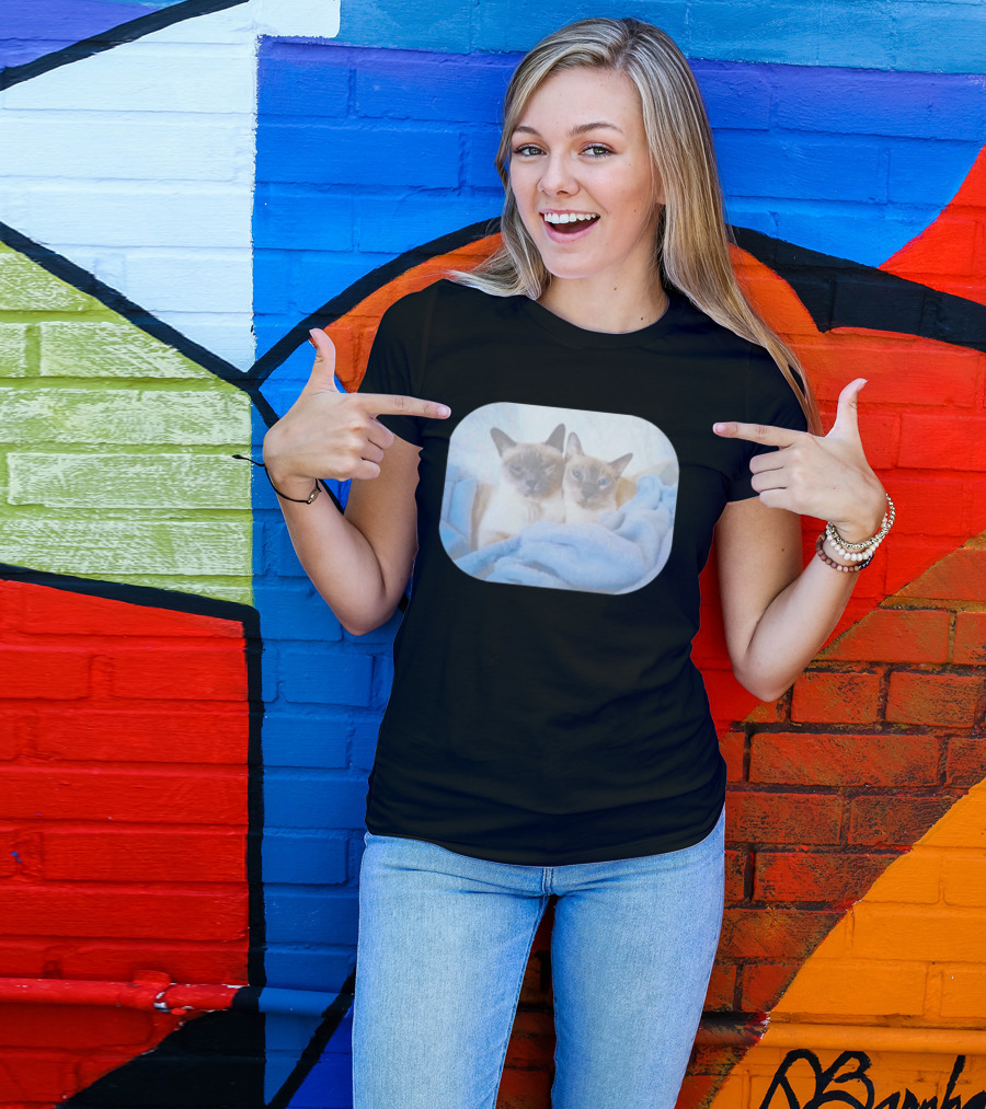 Siamese Cats Snuggling In Blue Blanket T-Shirt